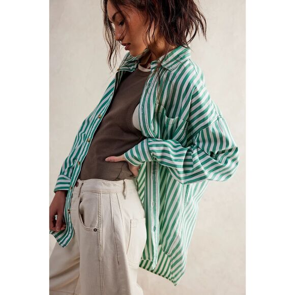 Free People We the Free Freddie Striped Shirt French Green Combo XL NEW - Picture 2 of 8